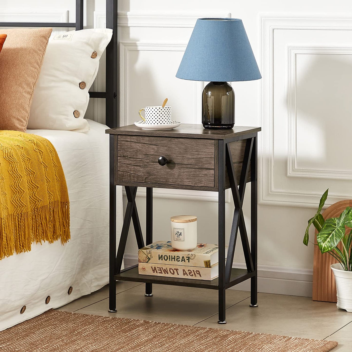 VECELO Nightstand,Modern Bedside End Table, Night Stand with Drawer and Storage Shelf for Living Room Bedroom, Industrial Metal Frame