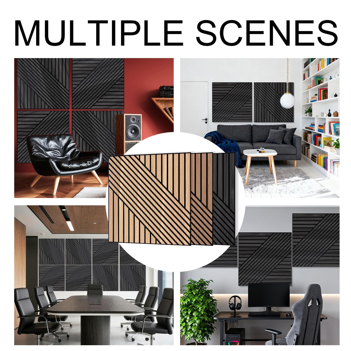 WoveN SounD Artisan Acoustic Wall Panels, 23.6x23.6 Inch 8 Pack, PVC Wood Grain Veneer Carved Sound Proof Wall Decor, Self-Adhesive for Home, Studio, Office & Focus Zones, Geometric Locus, Black Oak