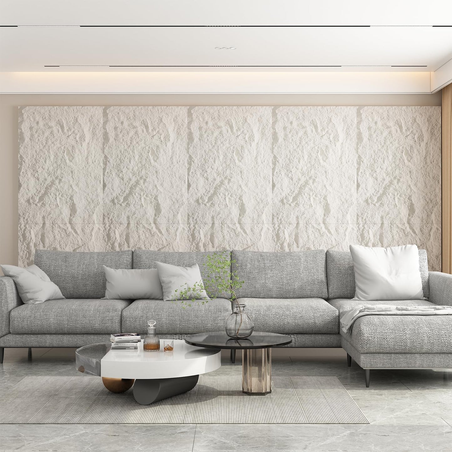 OUZUGIE 4 PCS Faux Stone Wall Panel 47.2’’ x 23.6’’ Interior Exterior Wall Decor 3D PU Panel with Lava Stone Design White
