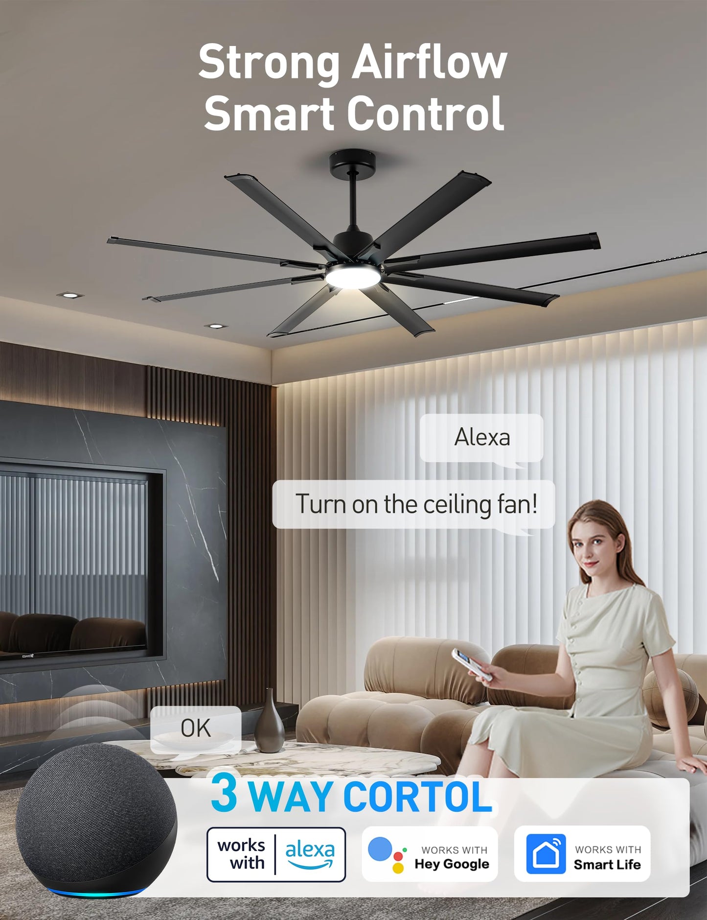Minislak 72 Inch Ceiling Fan with Light,Industrial Ceiling Fan with 8 Black Aluminium Blades,Smart Fan Compatible with Alexa,Garage Outdoor Indoor Fan for Patio and Living Room