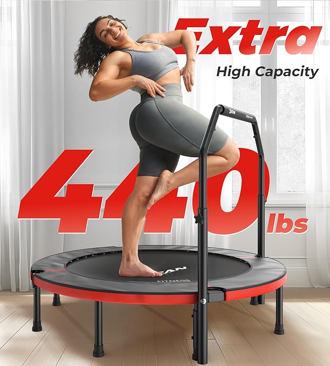 BCAN 40"/48" Foldable Mini Trampoline, Rebounder Trampoline for Adults, U/T Adjustable Foam Handle, Exercise Rebounder for Adults Indoor/Garden Workout, Max Load 330lbs/440lbs