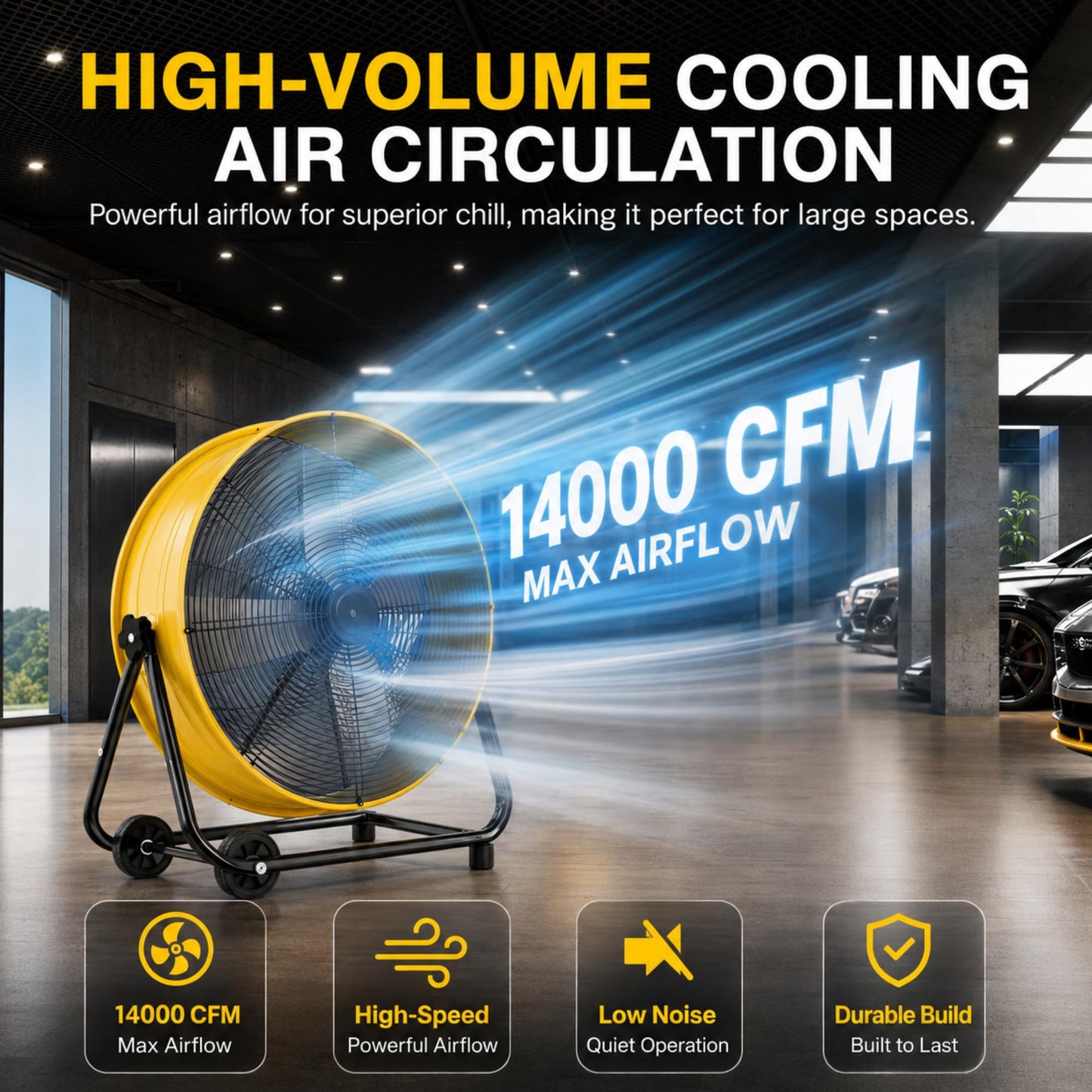 Uthfy 30 Inch High Velocity Floor Fan, 14000CFM Heavy Duty Industrial Drum Fan with 3 Speeds, 360° Tilt Metal Garage Fan with Wheels for Warehouse, Commercial, Workshop, Factory and Gym