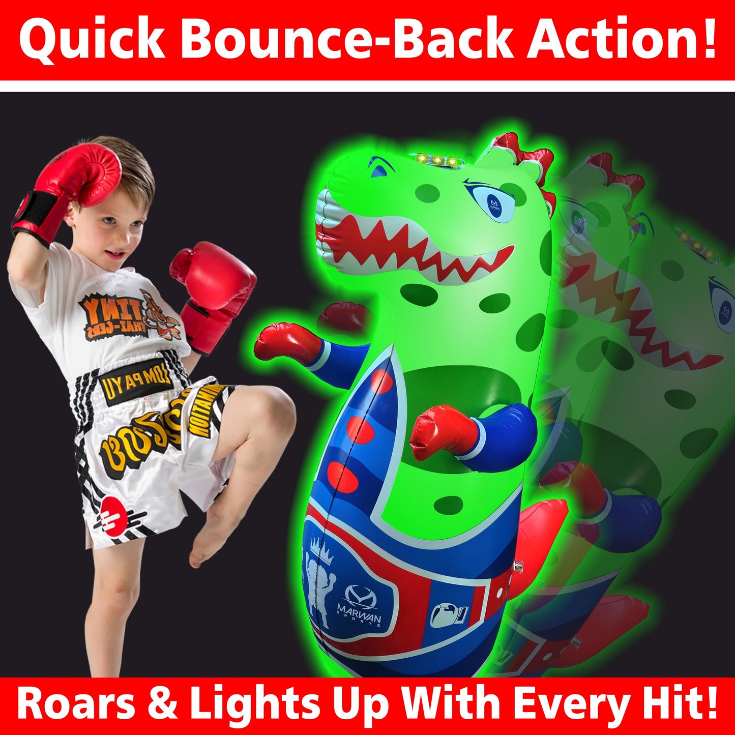 Marwan Sports Punch, Light & Roar Dinosaur Punching Bag – 47" Inflatable Bop Bag for Kids Ages 3-14 | Bounce-Back Toy with Lights & Roaring Sounds | Active Play Gift for Toddlers & Children