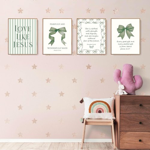 LARTSFRO Coquette Green Bow Wall Art - Inspirational Christian Decor for Teens | Set of 4 Unframed 10x8 Inch Prints