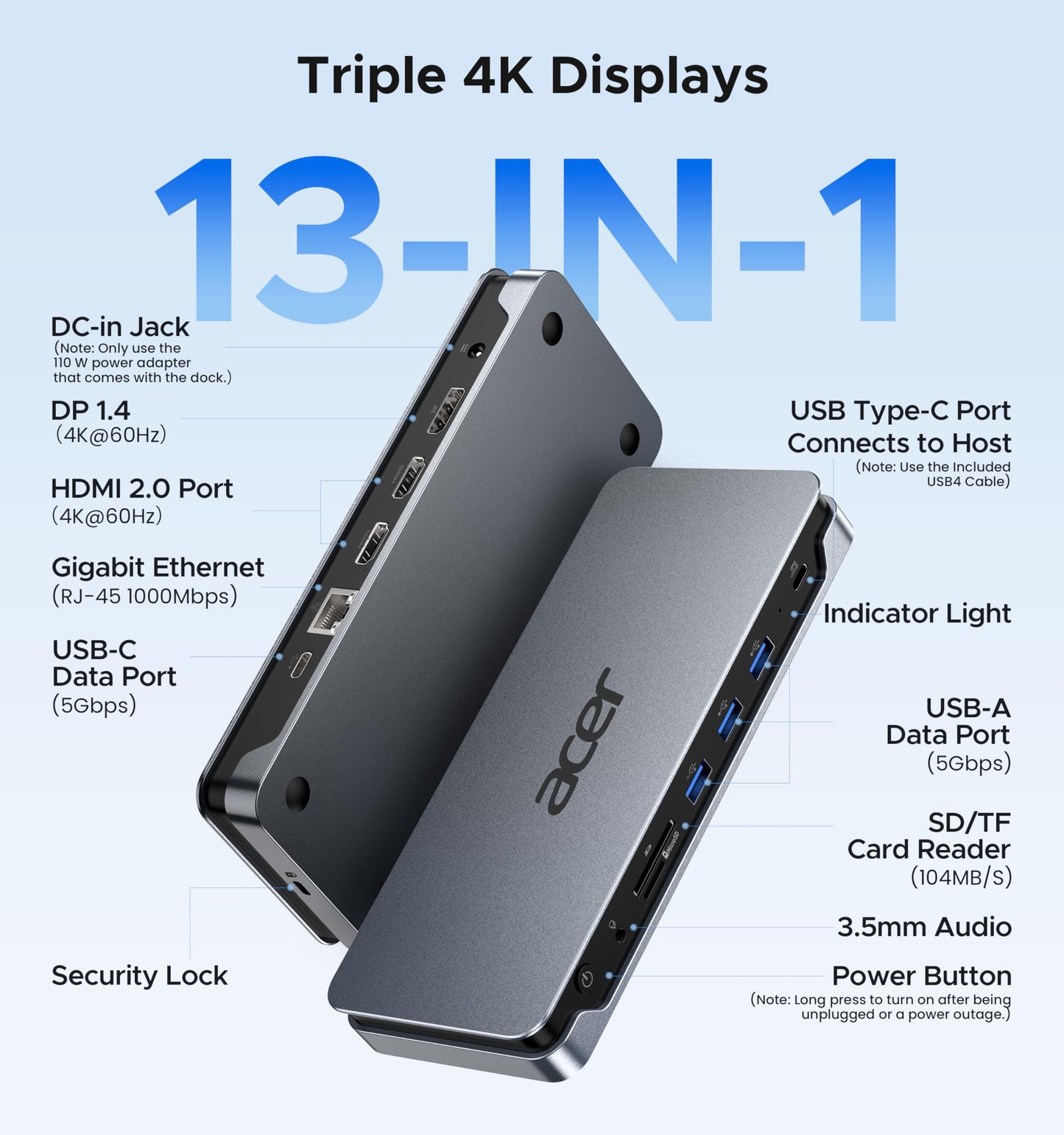 Acer Premium 13-in-1 Docking Station with 110W PD & Triple Monitor Support | Dual 4K HDMI and DP,5Gbps USB A/C,Gigabit Ethernet,Security Lock | Laptop Docking Station for Windows/Dell/HP/Lenovo/Asus