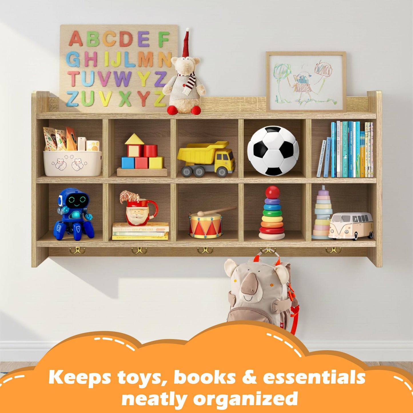 Verssure Wall Cubbies, 10 Cubby Storage Organizer with Coat Hooks, Cubbies for Classrooms,Wooden Cubby Shelf for Toys, Bags and Books, Used in School, Gym, Daycare Storge (White Oak)