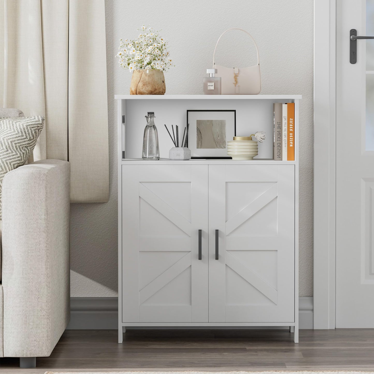 Homhedy Farmhouse Bathroom Storage Cabinet with 2 Doors, Toilet Paper Cabinet with Adjustable Shelf, Small Bathroom Cabinet for Kitchen/Laundry/Living Room, 11.8 x 23.6 x 31.5 Inches, White