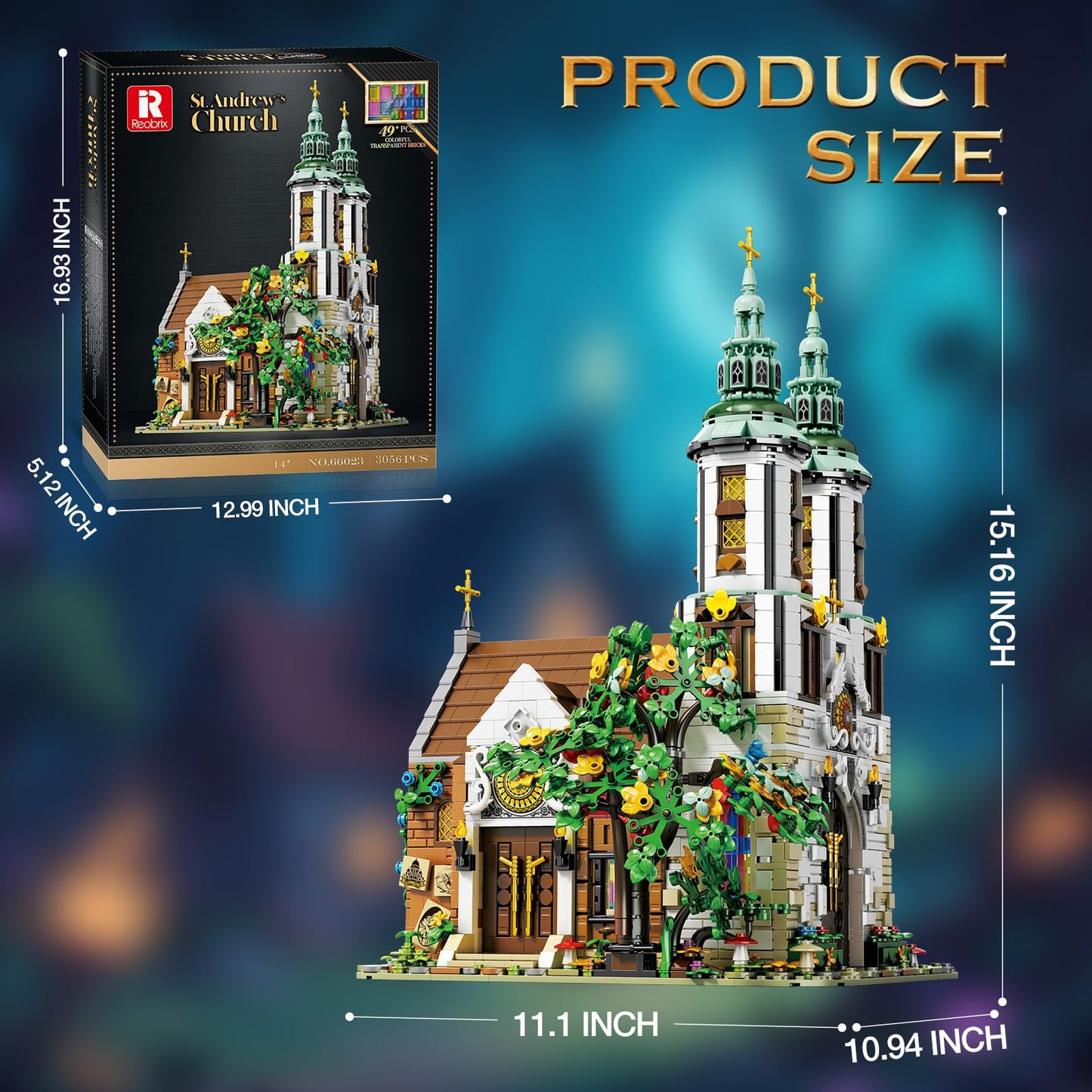 Reobrix St.Andrew's Church Building Sets with LED Lights, MOC Street View Building Blocks for Adults Teens, Architecture Model Kit, Home Office Decor, Idea Gift for Building Toys' Lover, 3056 Pcs
