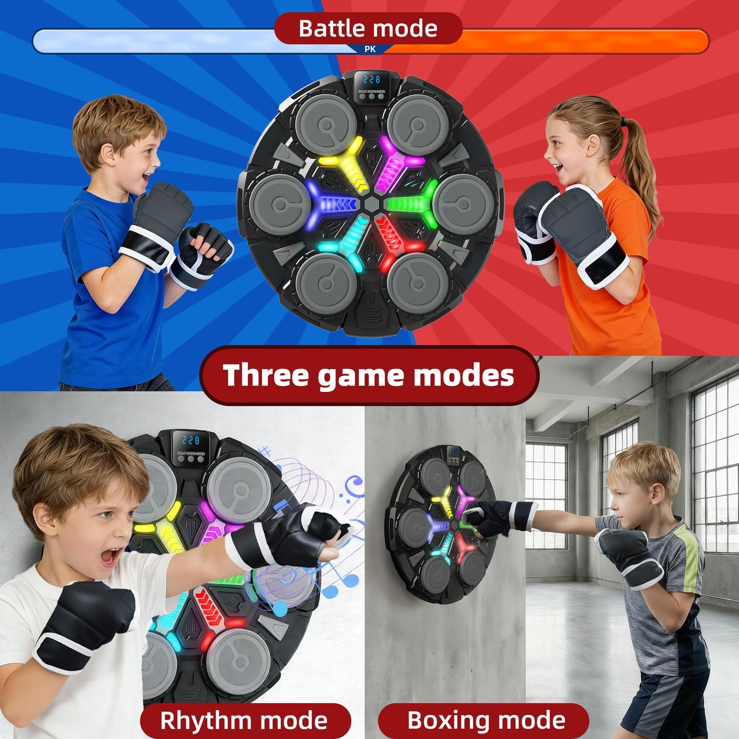 Music Boxing Machine for Kids, Wall Punching Pad with Gloves, 3 Speed Modes, Bluetooth, Smart, Beat Lights, Home Workout Training Boxing Equipment Sport Toys for Boys Girls Teen and Adults