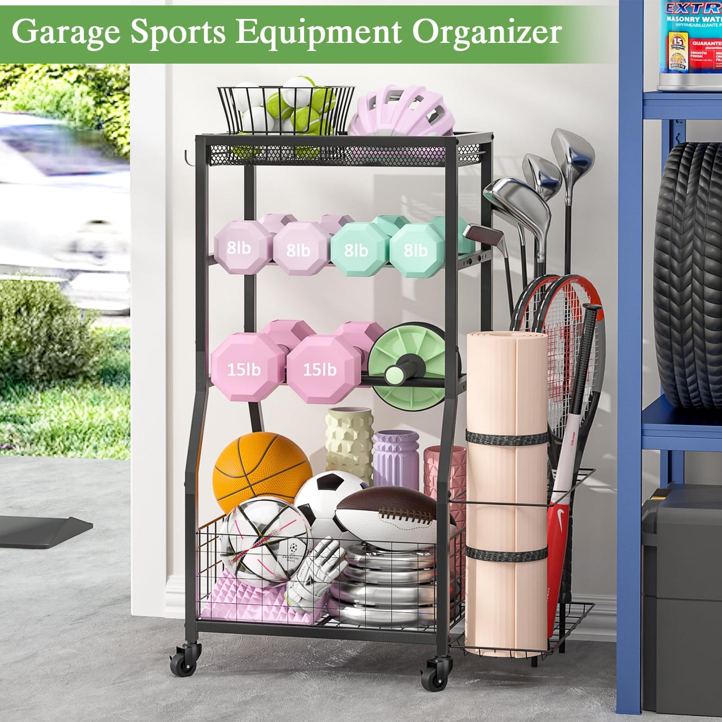 ThreeHio Home Gym Storage Rack, Dumbbell Rack with Yoga Mat Storage, Weight Rack Stand with Lockable Wheels and Hooks, Home Workout Equipment Organizer for Yoga, Dumbbell, Kettlebells, Ball Storage