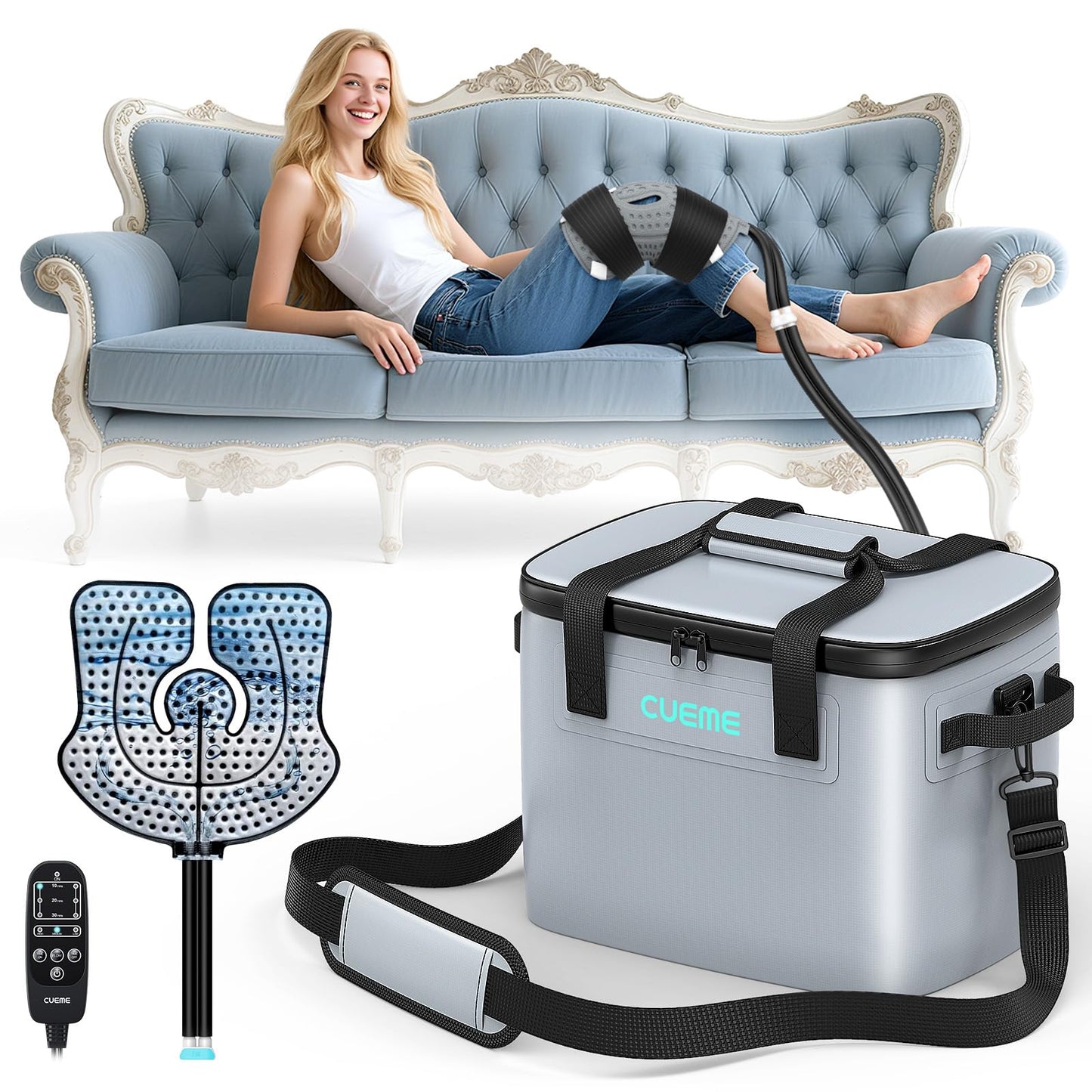 CUEME 20 QT Ice Machine for Knee After Surgery, Programmable Timer Cold Therapy Machine, Knee Replacement Recovery System, Cryotherapy Pain Relief Pad for Shoulder, Hip, Ankle & Foot