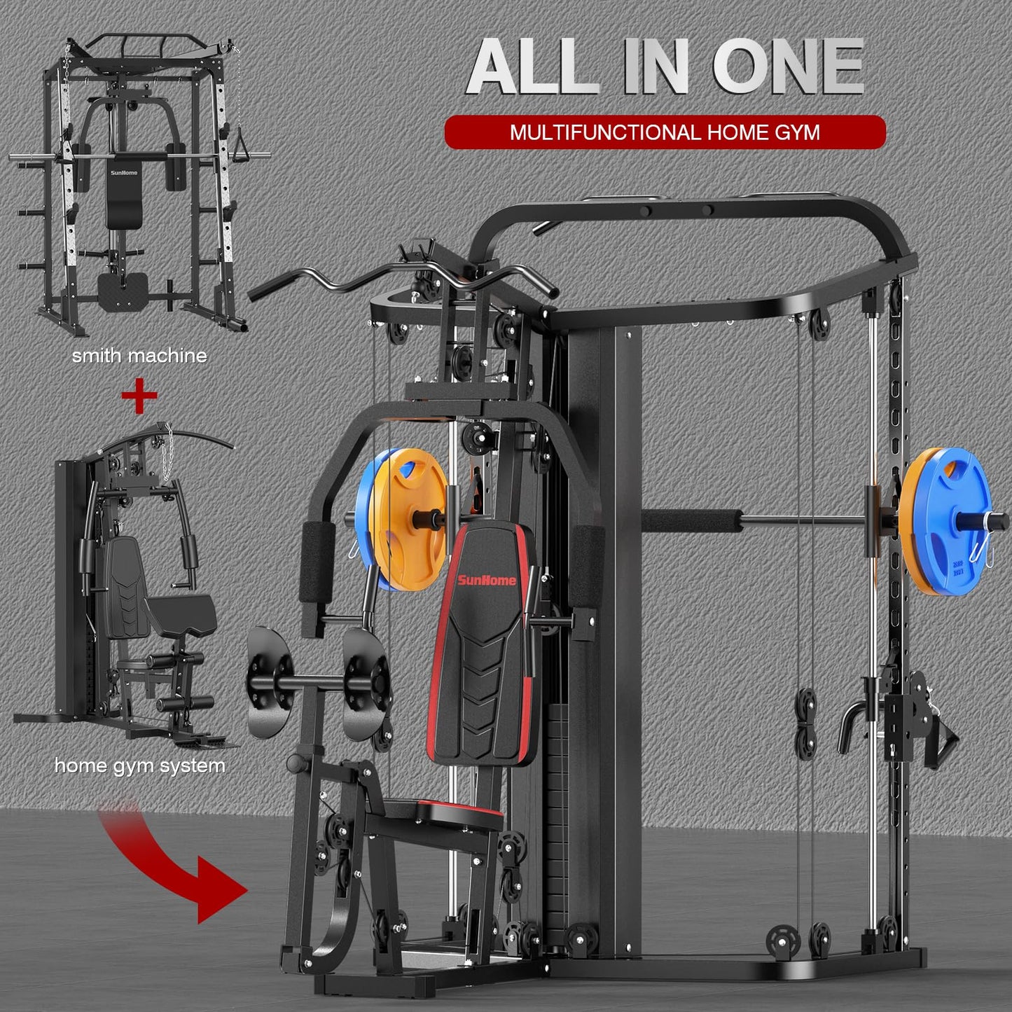 SunHome Multifunction Home Gym Equipment Workout Station, Smith Machine with 138LB Weight Stack, Leg Press, LAT Station for Full Body Training
