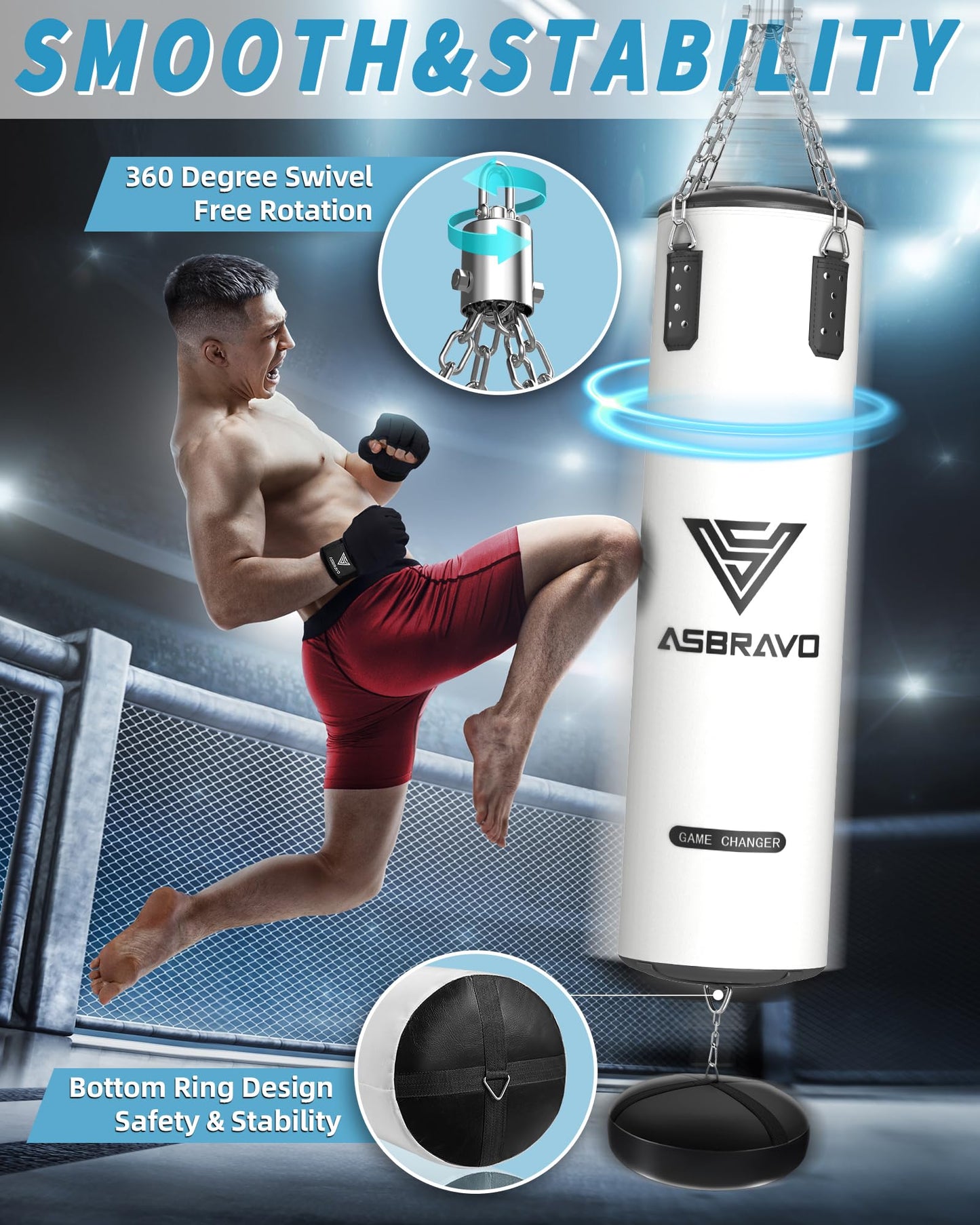 ASBRAVO Punching Bag for Adults, 4ft PU Heavy Boxing Bag Set 12OZ Gloves for MMA Muay Thai Kickboxing Training Home Gym, Martial Art (Unfilled)-White