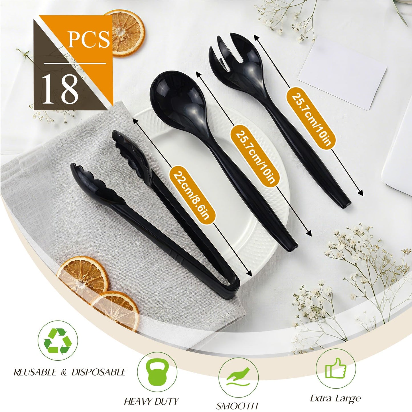Mwellewm 18Pcs Serving Utensils, 10'' Plastic Serving Utensils Set, Disposable Serving Spoons for Buffet, Large Serving Tongs for Food, Heavy Duty Party Supplies for Salad Soup Cooking Catering(Black)
