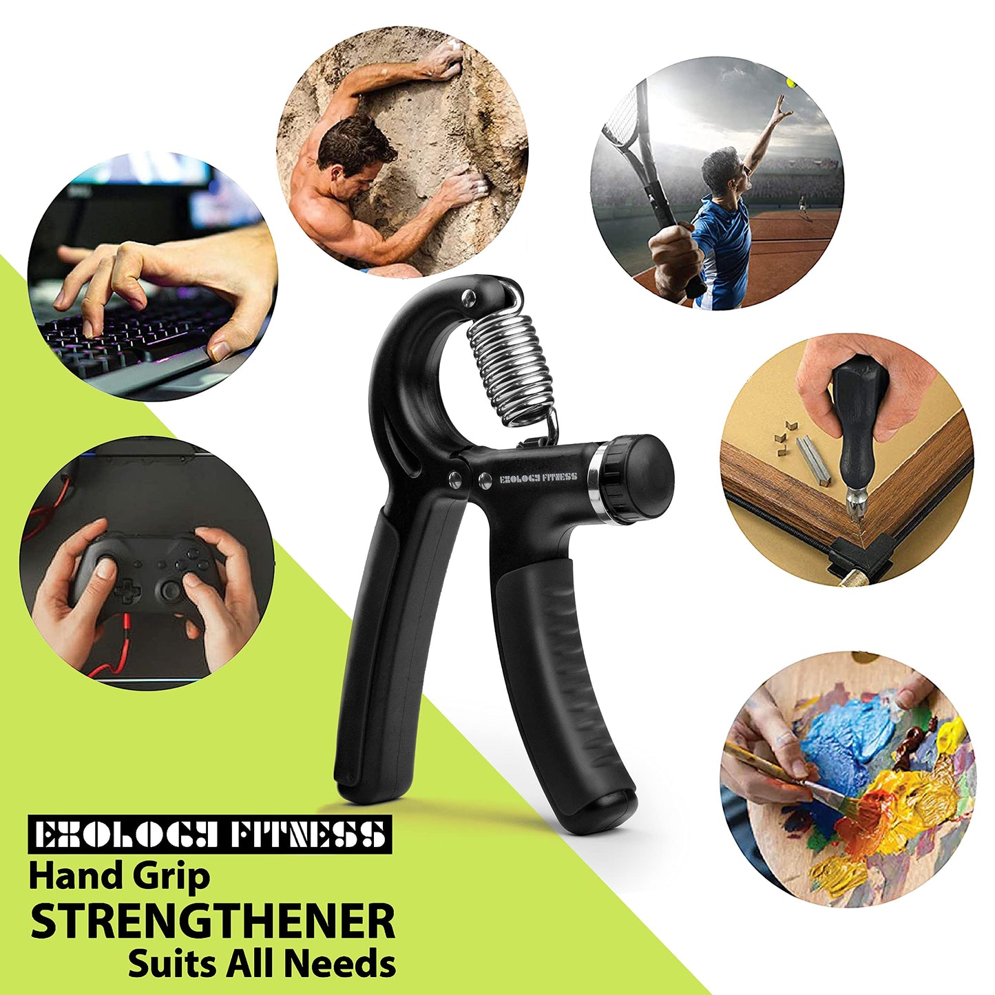 Exology Fitness Grip Strength Trainer 11lbs-132lbs (5kg-60kg)– Non Slip Hand Grip Strengthener with Stainless Steel Spring for Improving Hand, Finger, and Forearm Strength