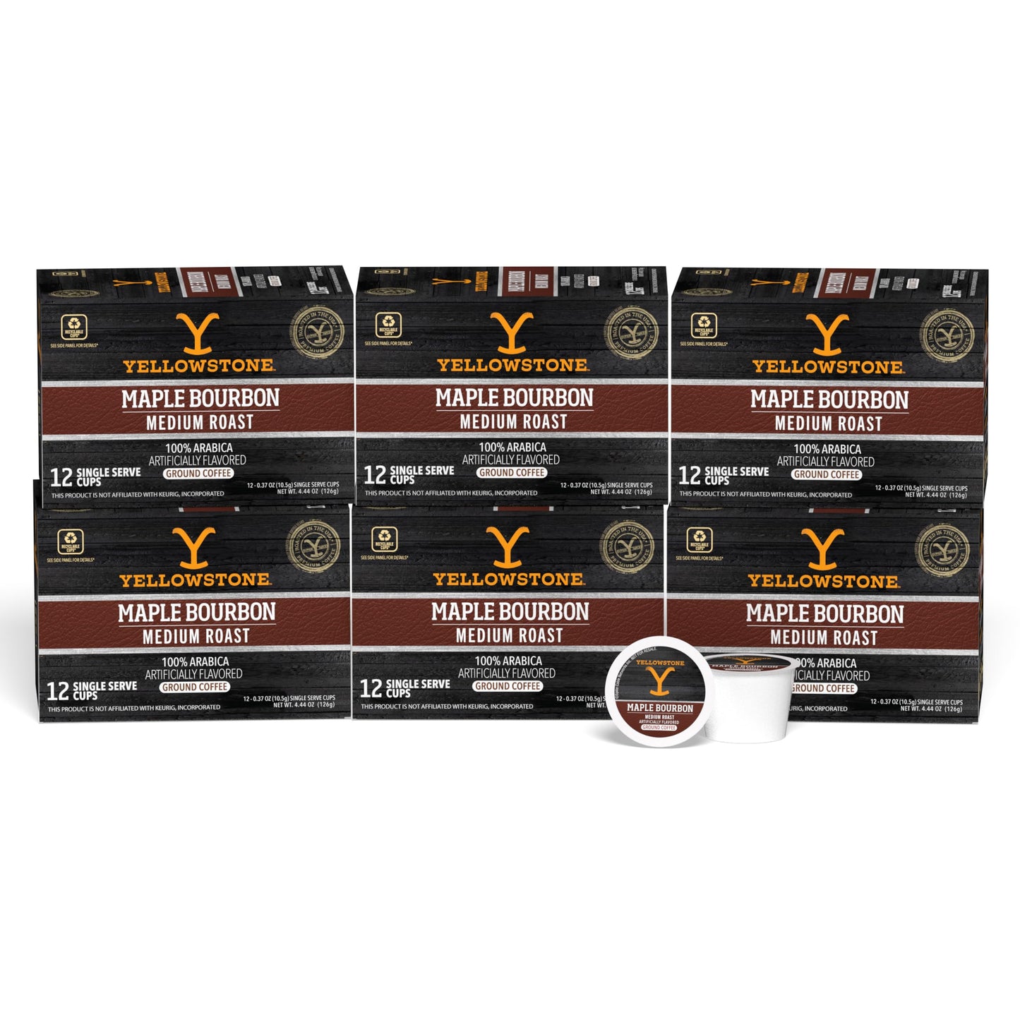 Yellowstone Maple Bourbon Medium Roast Coffee, Single Serve Recyclable Pods/Cups, 100% Arabica Beans, 72 Count
