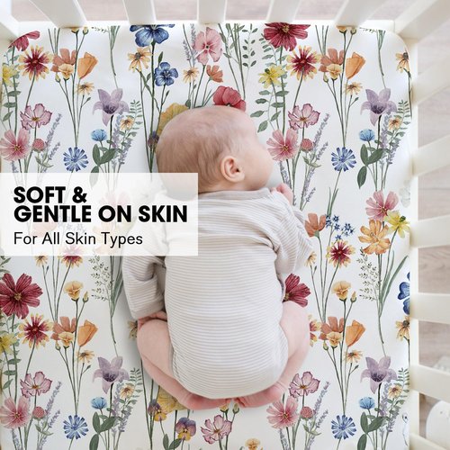 Little Grape Land Crib Sheets - Super Soft 2-Pack Fitted Sheets for Standard Cribs & Toddler Mattresses | Spring Flower & Beige