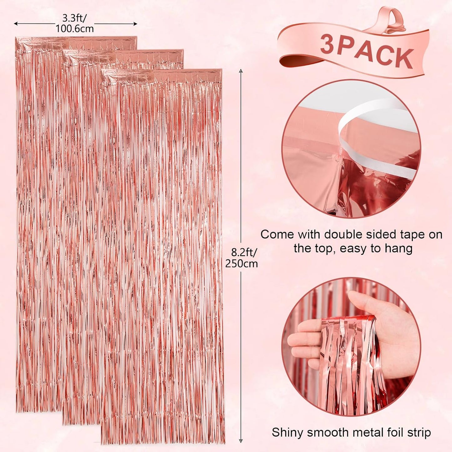 Voircoloria Rose Gold Foil Fringe Backdrop Curtains - 3 Pack Tinsel Streamers for Parties & Events
