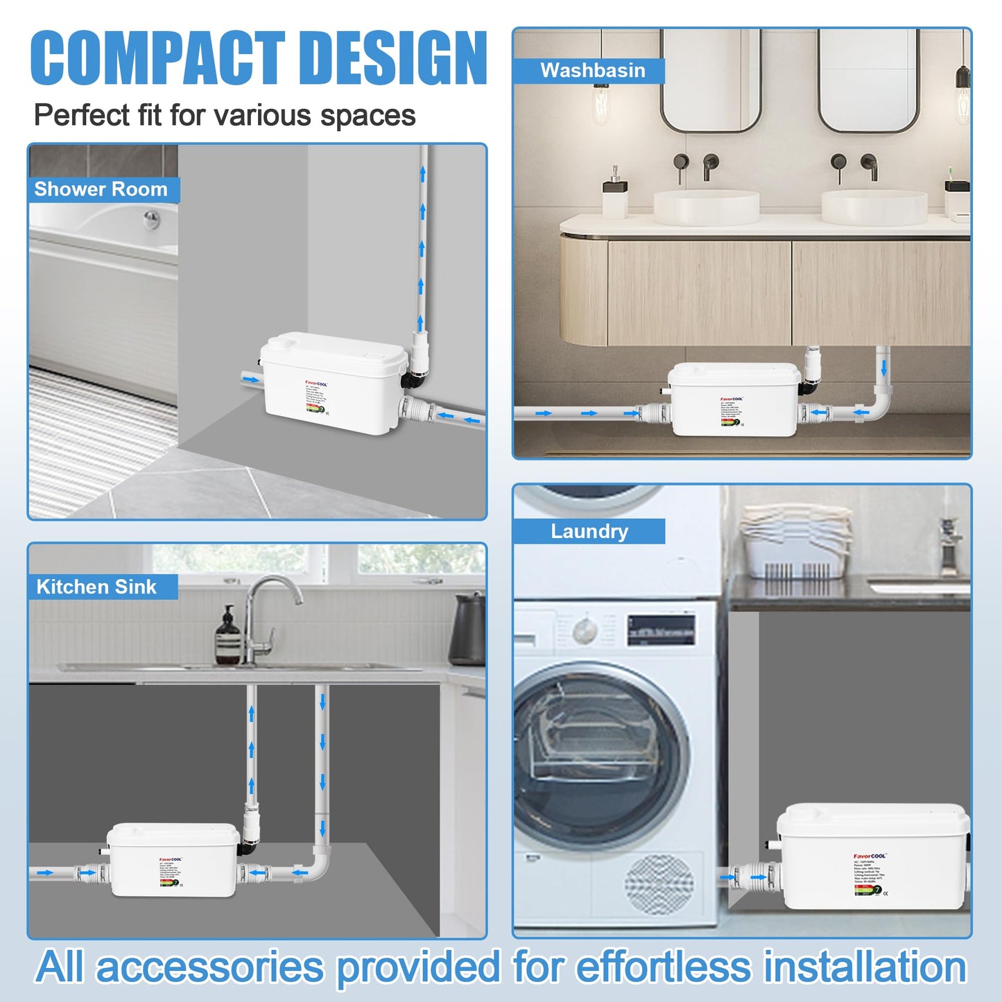 FavorCOOL Macerator Pump Sink Sewerage Pump, 250W Utility Sink Pump Upflush to 22.9ft/7 m with 3 Water Inlets for for Basement, Kitchen, Sink, Shower, Bathtub, Laundry