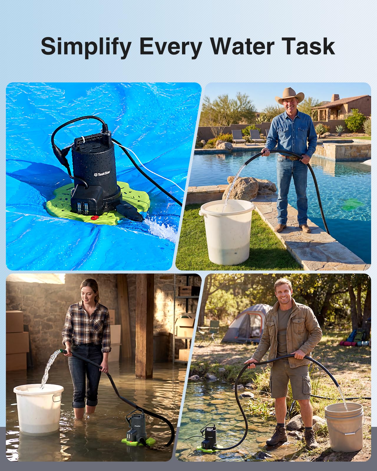 TaskStar 3035 GPH Automatic Pool Cover Pump with 23ft Hose Kit, 1/3 HP Submersible Water Pump with Anti-Clogging Filter Net & 3/4” Check Valve Adapter for Swimming Pool, Hot Tubs, Pond, Rooftops