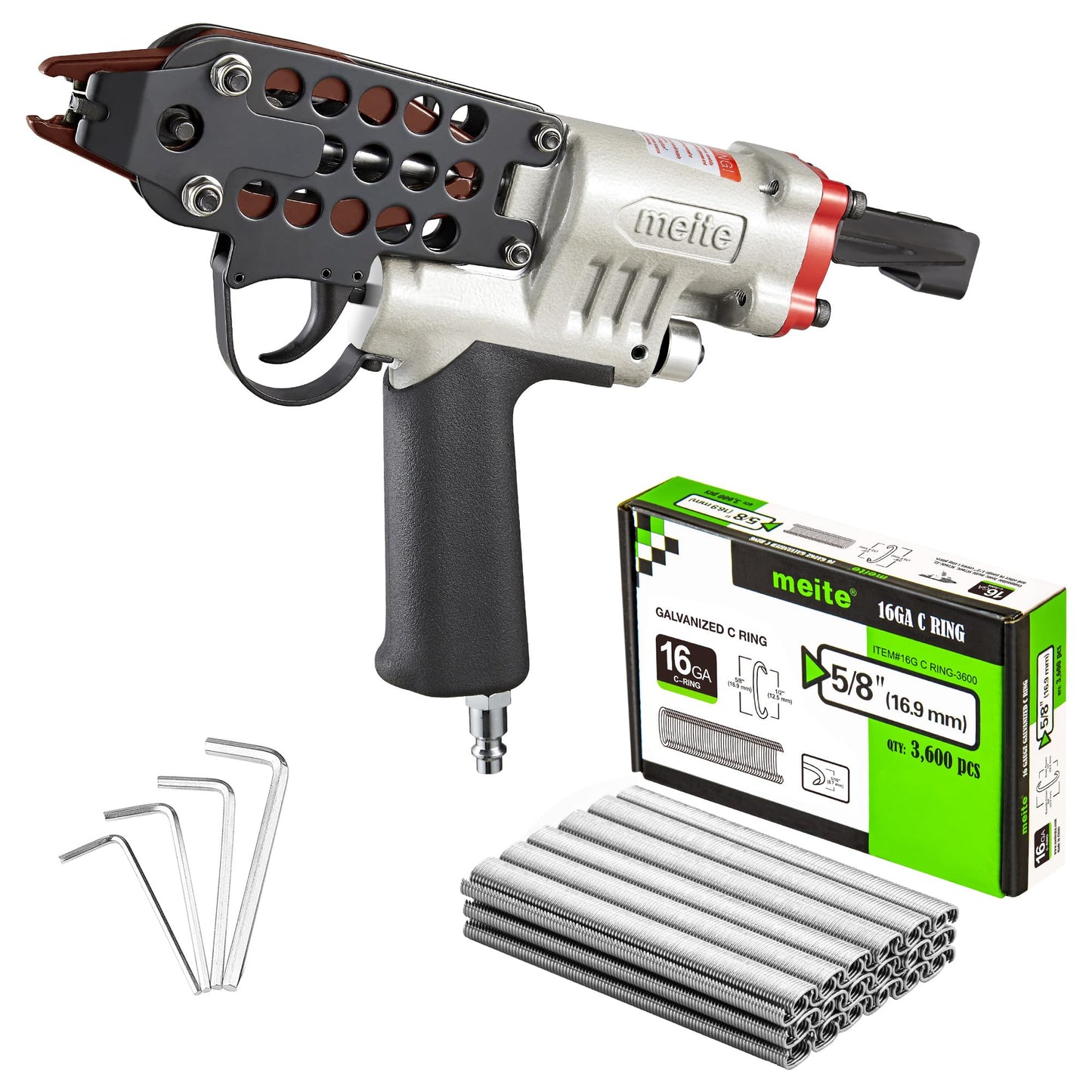 meite SC760C-I2 Pneumatic Hog Ring Gun with 3600PCS 16GA Hog Rings, 16 Gauge 1/2" Crown Hog Ring Pliers, 2.6-3.6 mm Closure, Upgrade Trigger Air C Ringer Pliers for Fencing, Bag Closing