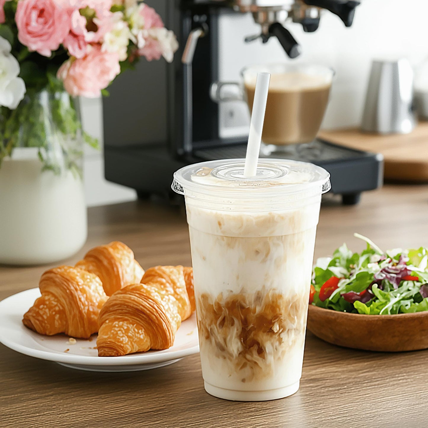 TashiBox TahiBox Plastic cups with lids and straws 16 oz 100sets [100 cups & 100 flat lids & 100 straws],clear crystal disposable iced coffee cups with lids
