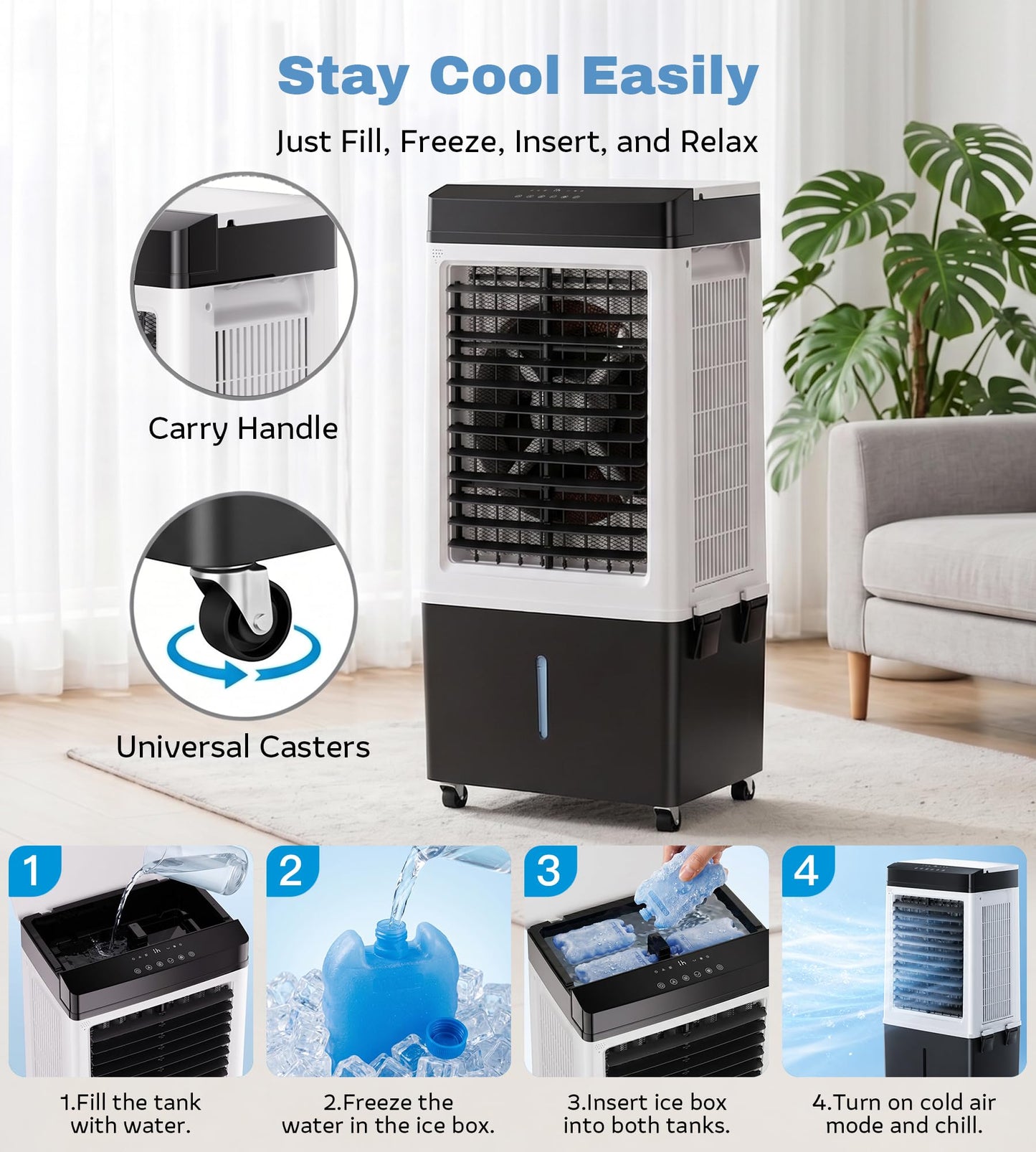 AKIRES 2200CFM Swamp Cooler,Evaporative Air Cooler with 8.0-Gal Water Tank, 4 Ice Packs, Portable Air Conditioners with Remote Control,12H Timer,Evaporative Cooler for Indoor,Outdoor Use (40IN)