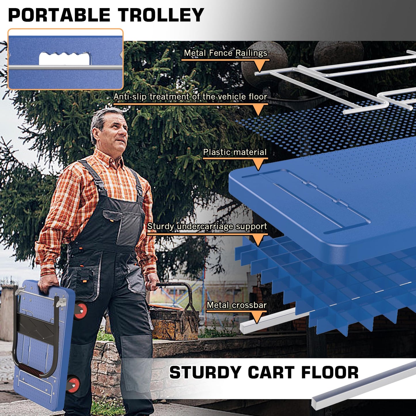 Platform Truck Cart with 3 Fence, 28"x19" Flatbed, 1100lbs Capacity Heavy-Duty Foldable Push Dolly Cart with Swivel Wheels, Foldable & Portable for Groceries, Garage,Home,Office Use, Blue