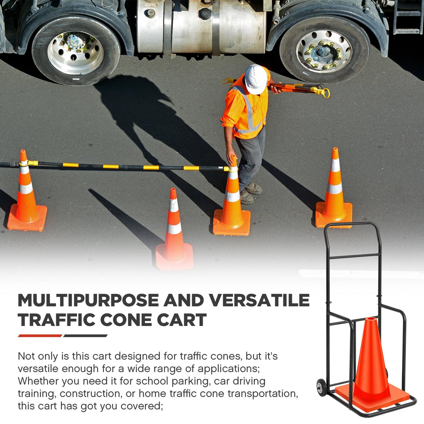 DaisyInner Traffic Cone Cart with Wheels 350 Lbs Capacity Storage Dolly Holder 18.5 w x 19.5 d x 49 h Black Traffic Cone Cart for Construction, Parking Lots, Schools, Car Driving Training