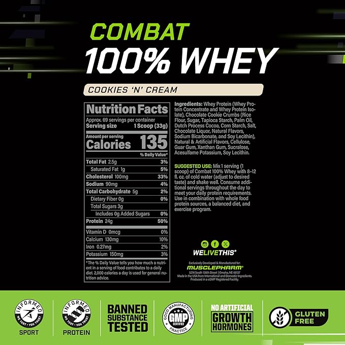 MusclePharm Combat 100% Whey Protein Powder, Cookies ?˜N??Cream Flavor, Fast Recovery & Muscle Gain with Whey Protein Isolate, High Protein Powder for Women & Men, Gluten Free, 5 lb, 69 Servings