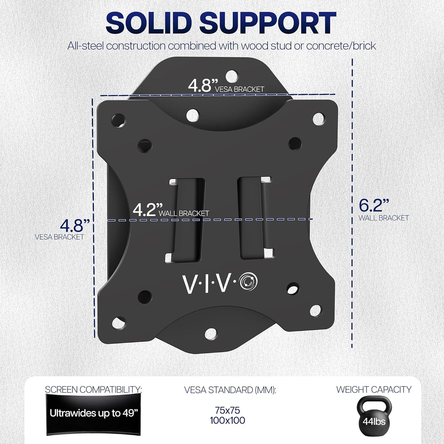 VIVO 49 inch 44 lbs, 100x100, Mount-VWLP1 Low Profile Heavy Duty Ultrawide Monitor Wall Mount for up to Screens, Holds
