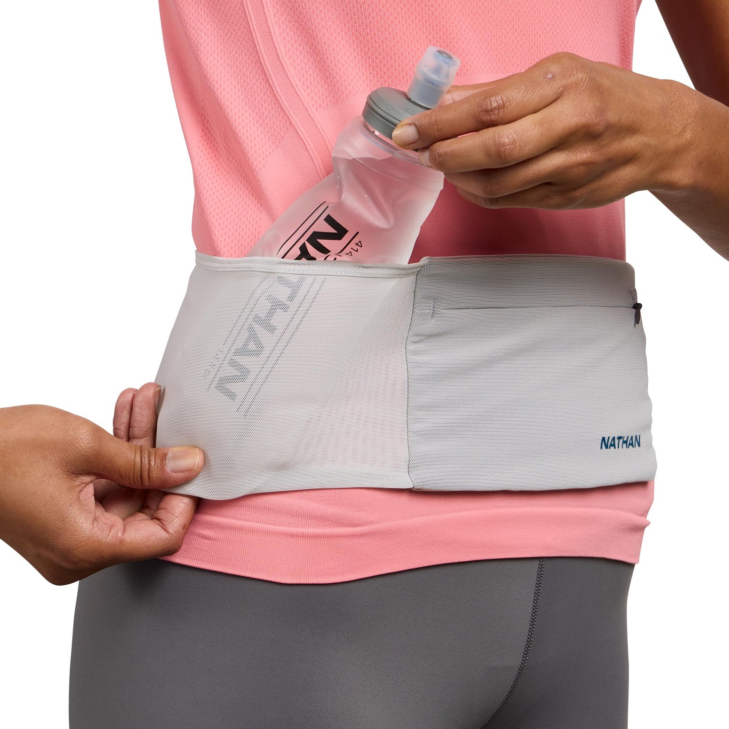 Nathan Zipster Max Running Belt, Running Belts for Women and Men, Bounce-Free Waist Pack with Extra Large Zipper Pocket, Smartphone Storage, Walking, Gym, Hiking - Vapor Grey/Sailor Blue - Large