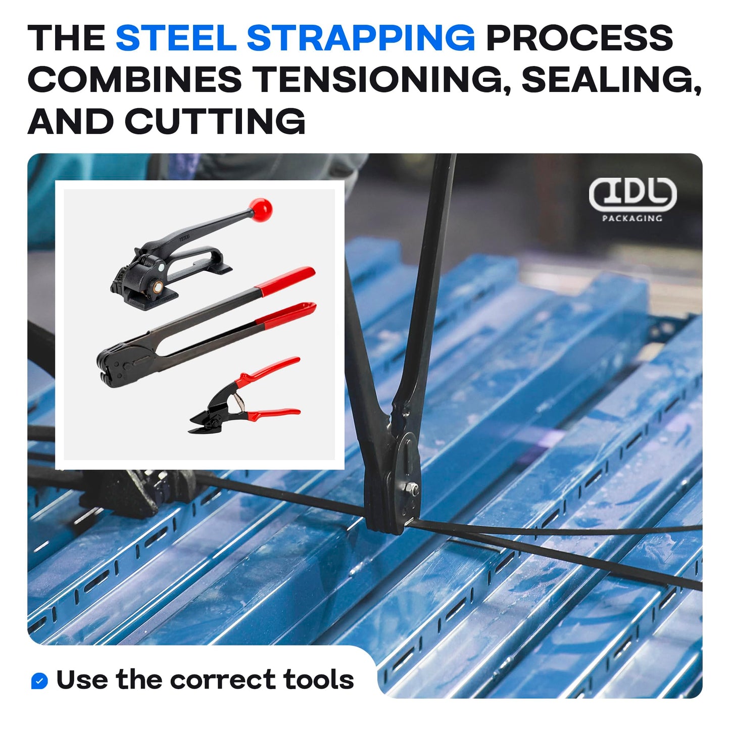 IDL Packaging 1/2" x 200' Steel Banding Strapping Kit, 1100 lbs Break Strength - Premium Heavy-Duty Banding Tool for Pallet Strapping - Strapping Tensioner, Sealer, Cutter/Crimper