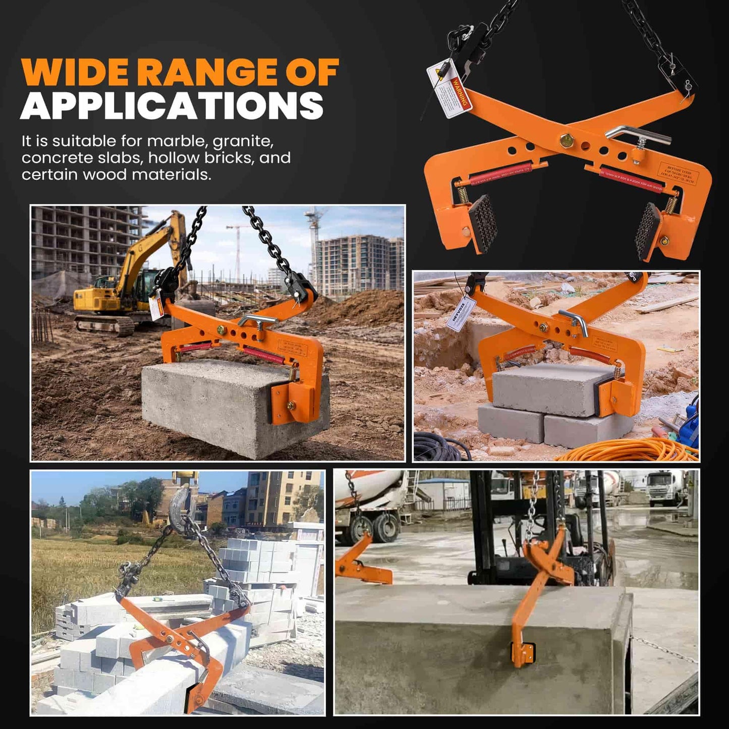 HEYVOZE 716 lbs Granite Slab Lifting Clamp, 4.7–14.2 in Adjustable Opening, Heavy-Duty Stone Lifting Clamp for Vertical Handling of Marble, Concrete Blocks, Slate Slabs, and Curb Stones