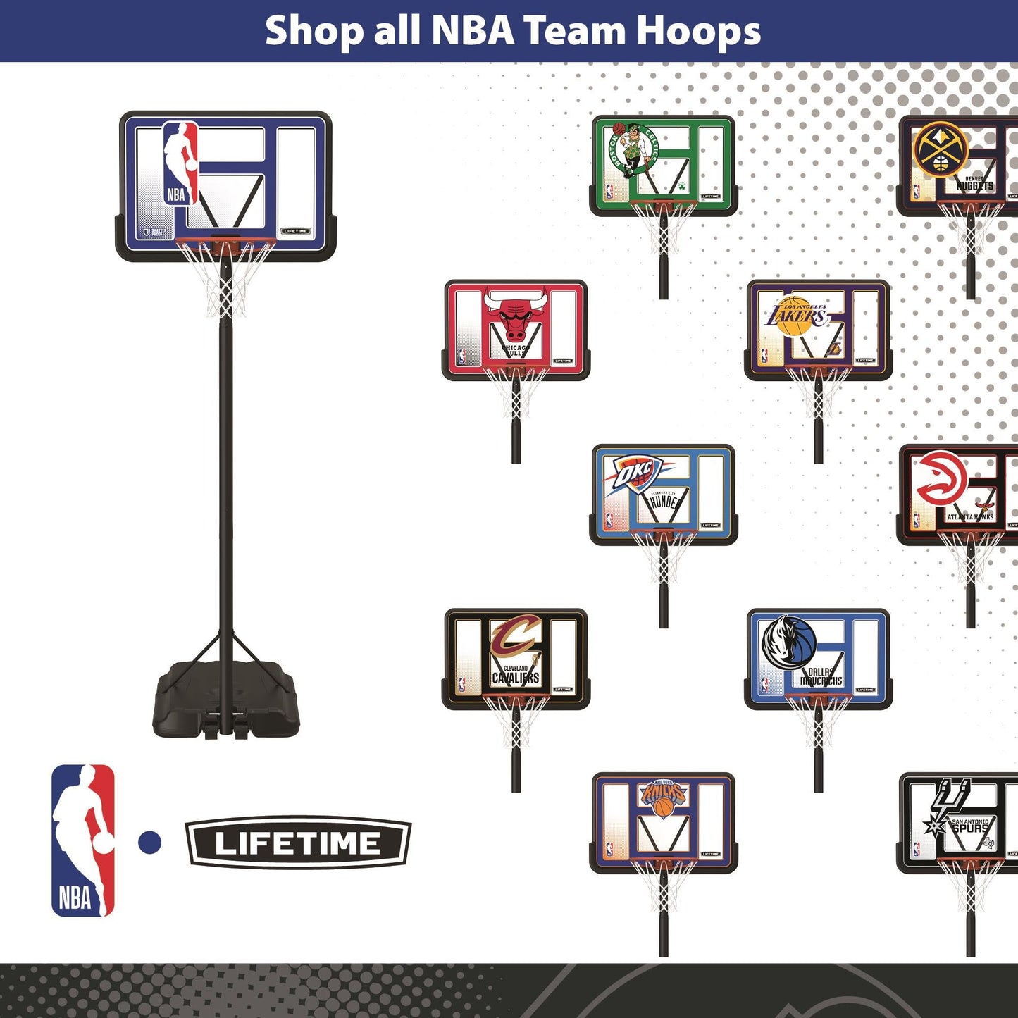 Lifetime NBA League Edition Portable Basketball Hoop, Adjustable Height 7.5-10 Ft, 44 Inch Shatterproof Fusion Backboard, Base with Wheels