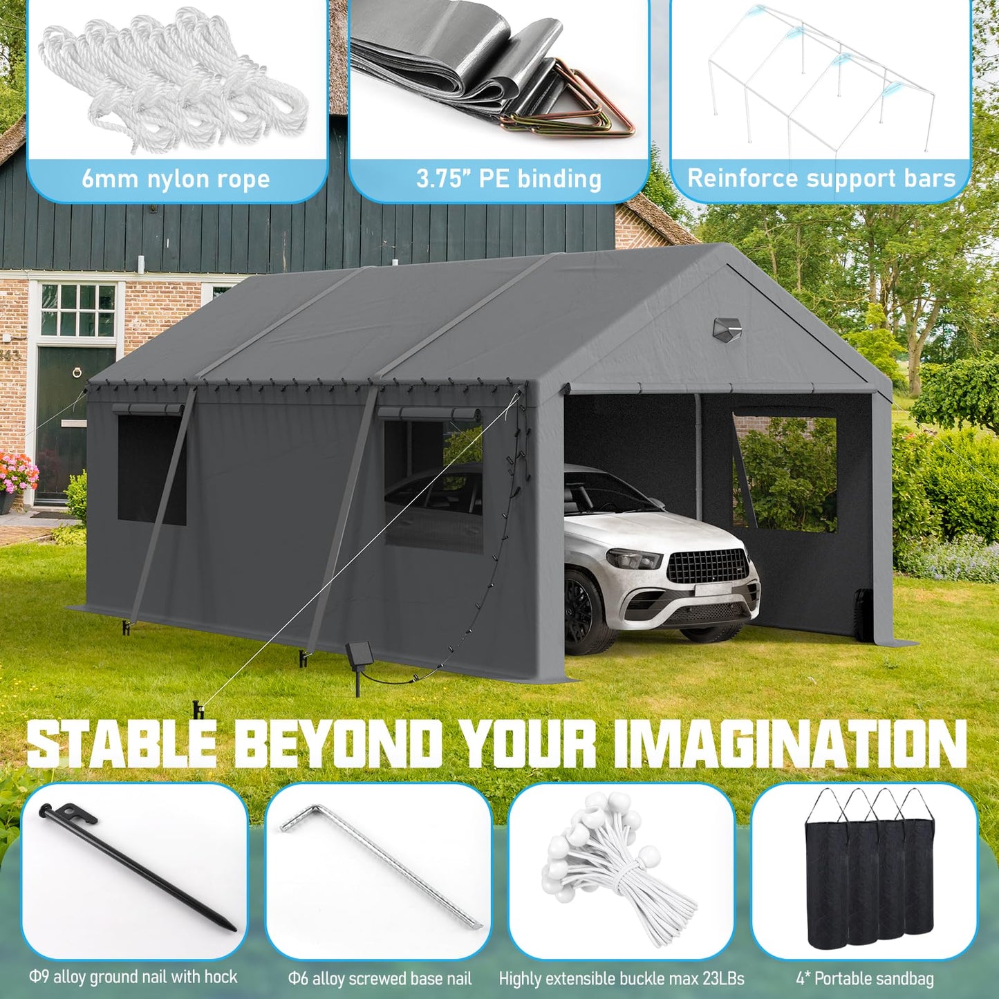 Benass 12x20 FT Heavy Duty Carport Canopy, Drive-Through Portable Garage with Roll-up Doors, Screened Windows, Removable Sidewalls, All-Weather Waterproof Shelter for SUV, Boat & Outdoor Storage