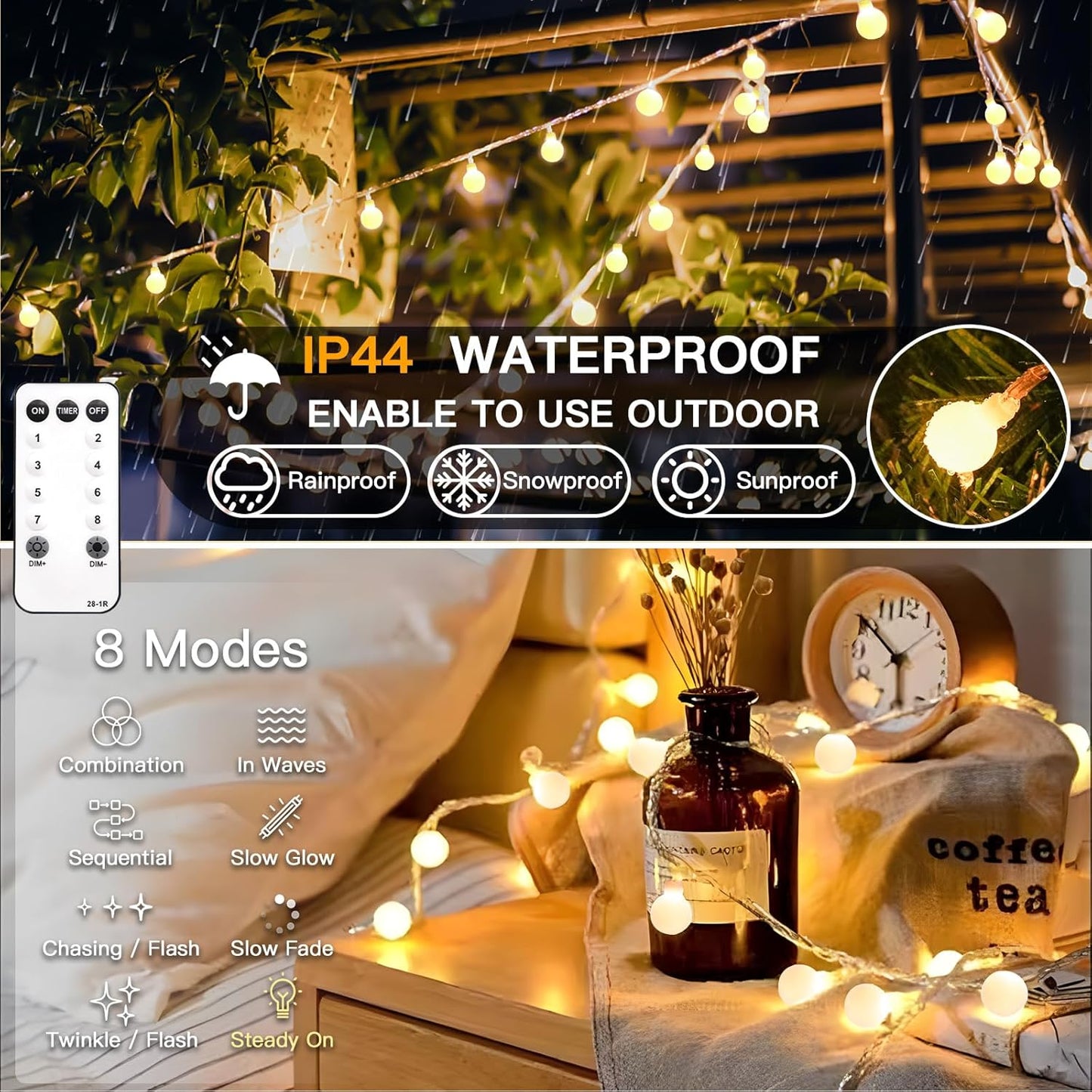 Suddus Globe String Lights - 66ft 200 LED Indoor/Outdoor Fairy Lights with Remote | Warm White
