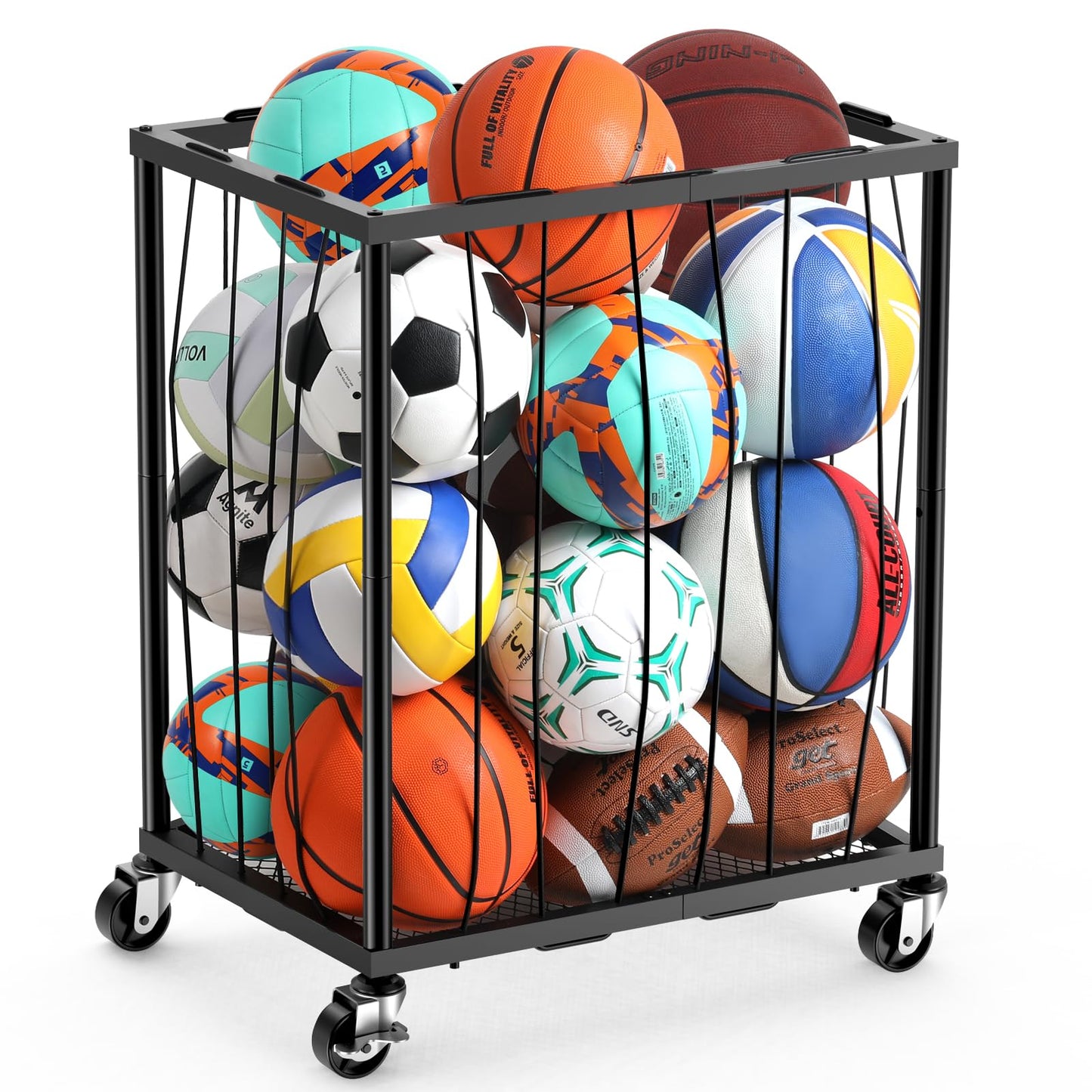 TomCare Garage Ball Rolling Storage Rack Large Capacity Basketball Holder with Elastic Rope [Hold 12-15 Balls][Easy to Take] Garage Sports Equipment Organizer cart with Wheels for Home, Outdoor Use