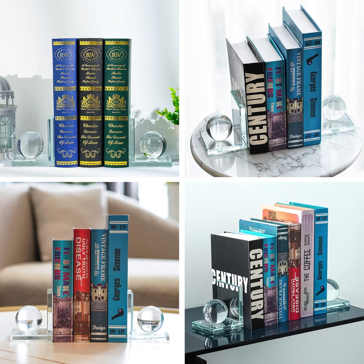 Skiennix Crystal Bookends - L-Shape Non-Skid Heavy-Duty Book Holders | 4-Inch Clear Decorative Ornaments
