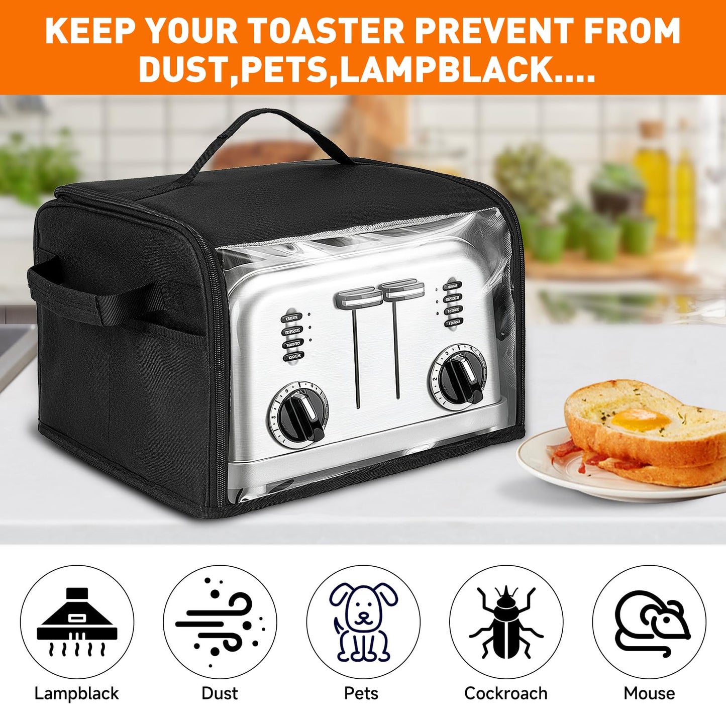 Toaster Cover 4 Slice with Aluminum Foil Lining and Base Compatible with Cuisinart/BELLA/Black and Decker,Cover Only,Black