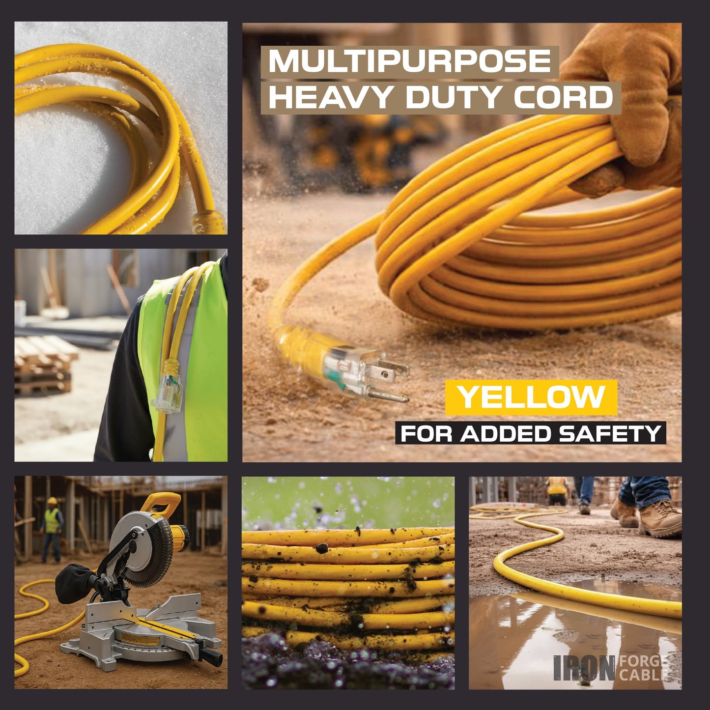 Iron Forge Cable 200 Foot Lighted Outdoor Extension Cord - 12/3 SJTW Heavy Duty Yellow Extension Cable with 3 Prong 15 AMP Grounded Plug for Safety