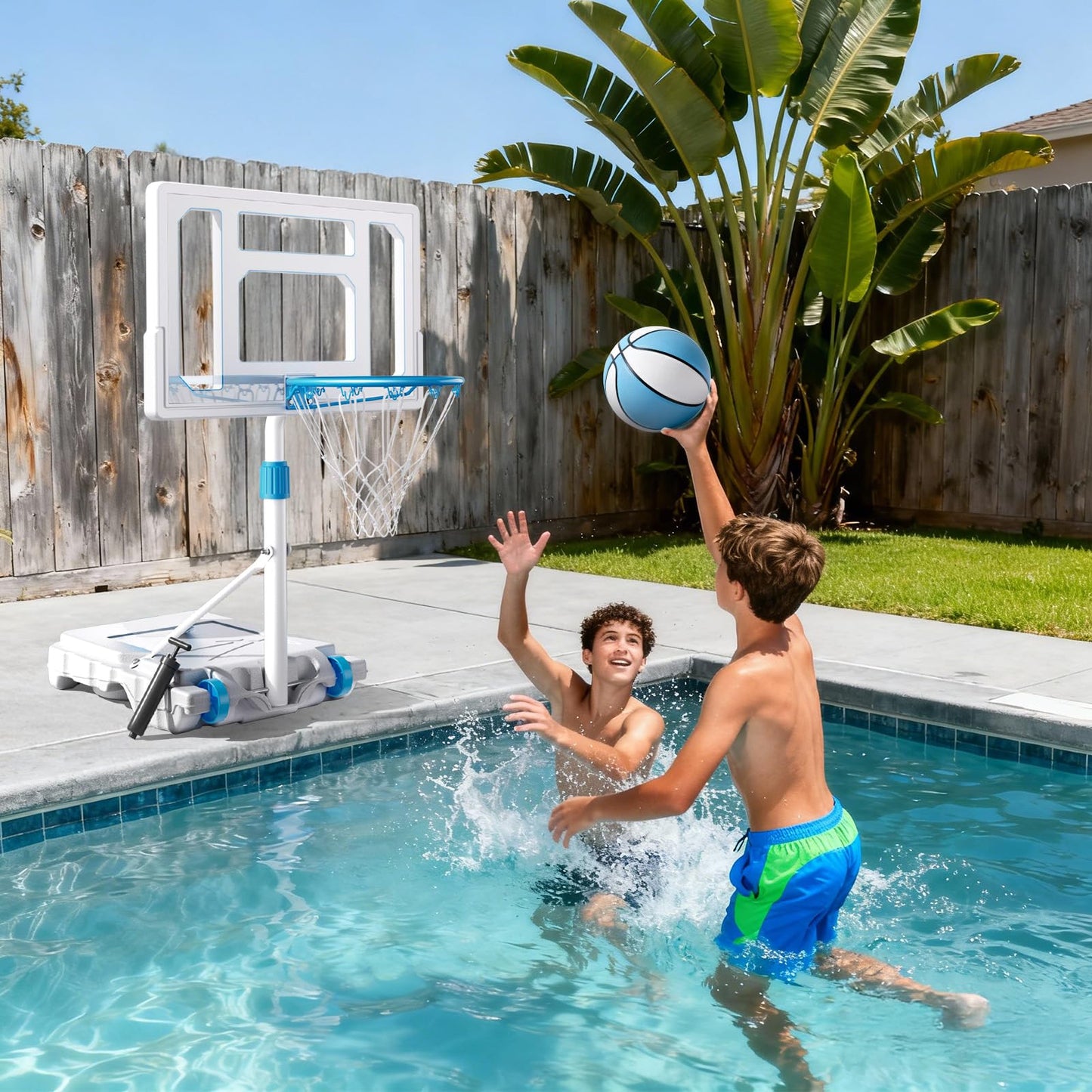 BACKYARD BLITZ Pool Basketball Hoop, 32in Portable Swimming Basketball Hoop for Pool, Stainless Steel Rust-Proof Basketball Goal Set Outdoor/Indoor