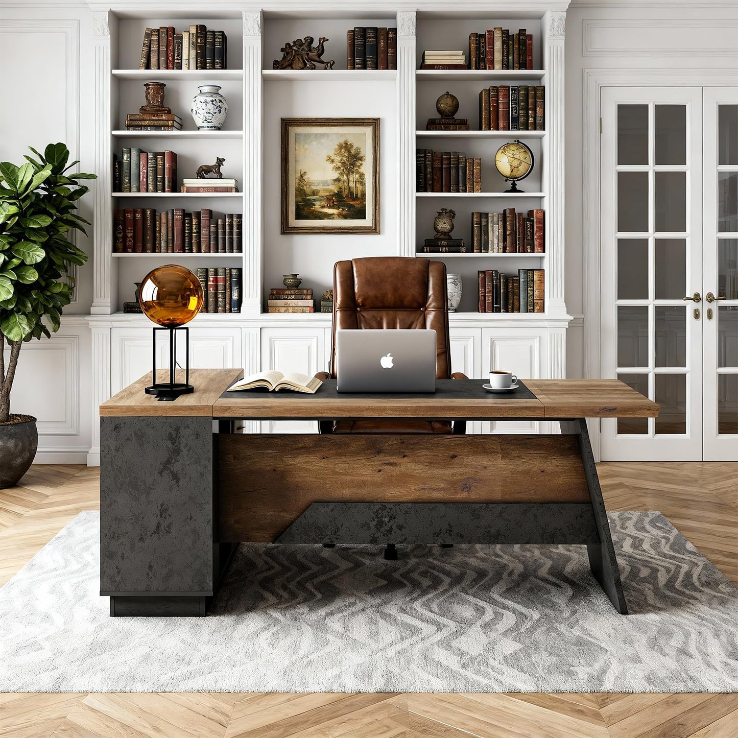 ONNAHOMEStlyle 78.74 Inch L Shaped Office Desk with Drawers & Built-in Power Access, Large Executive Workstation with Storage Cabinet, Modern Wooden Desk for Business or Home Office (claybank, Right)