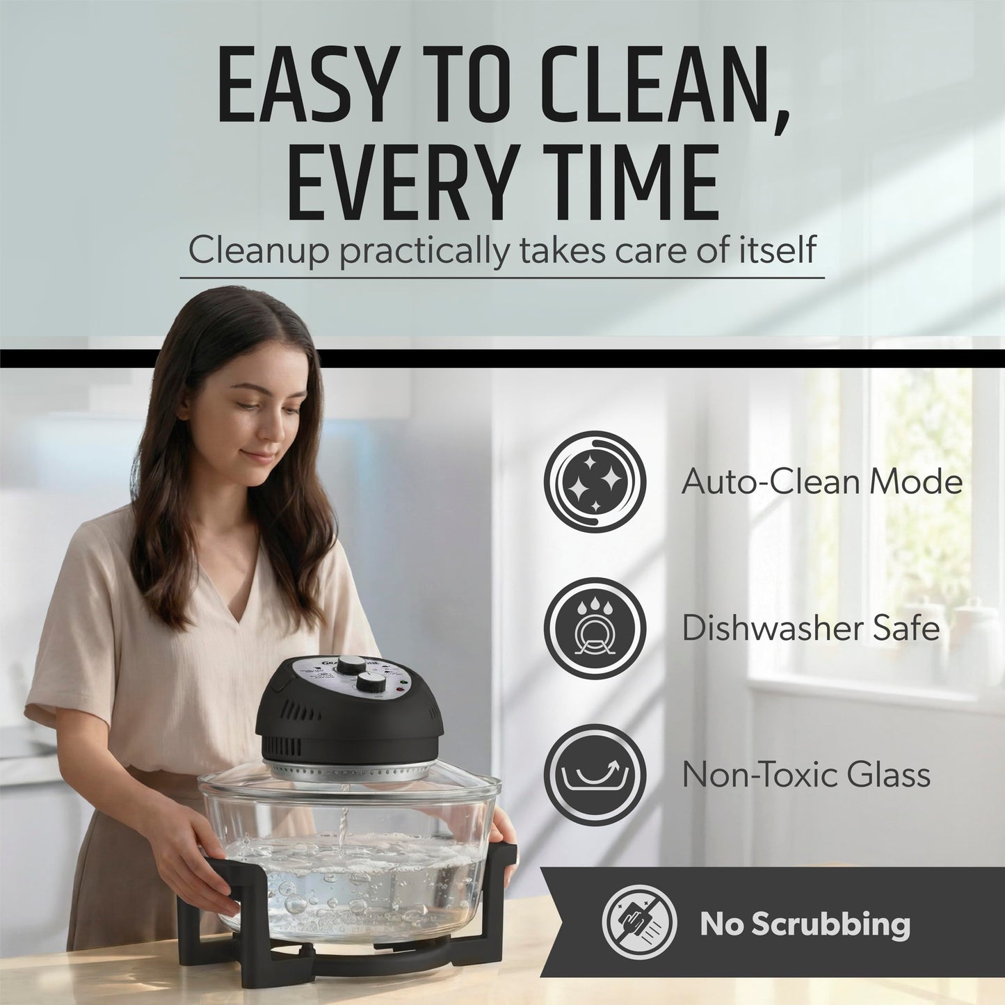 Granitestone 16 Qt Large Glass Air Fryer Non Toxic – Family Sized Airfyrer Cooker with 3 Cooking Sections, Stainless Steel Racks, No Preheat, Self Cleaning, Dishwasher Safe - Black