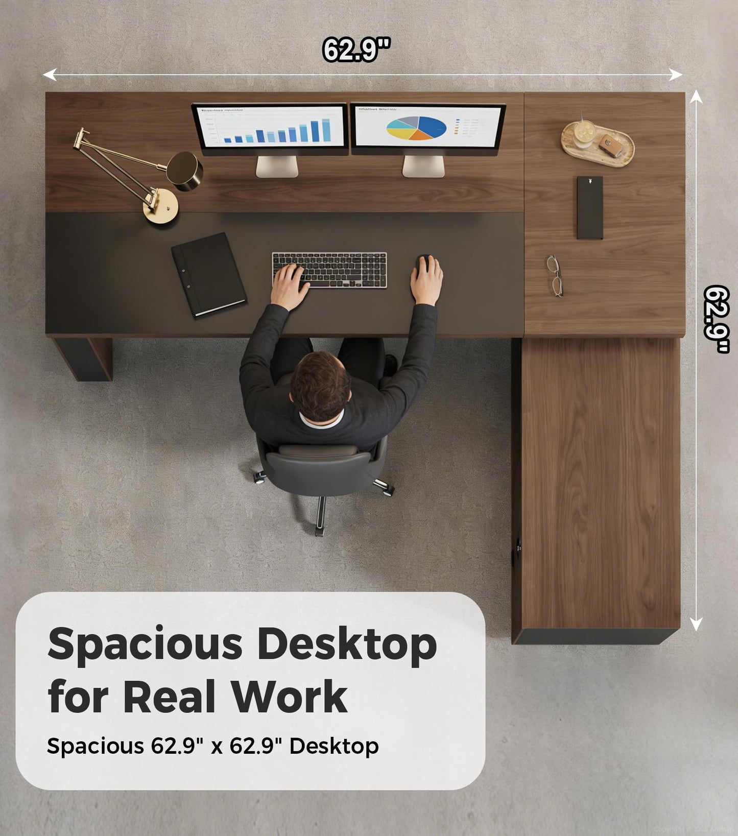 Anzhap 63" Reversible L-Shaped Executive Desk with Drawers – Compact Office Computer Desk with Open Shelves, LED Lighting, Built-in Outlet & USB Ports for Home, Office, School (63" W x 63" D x 30" H)