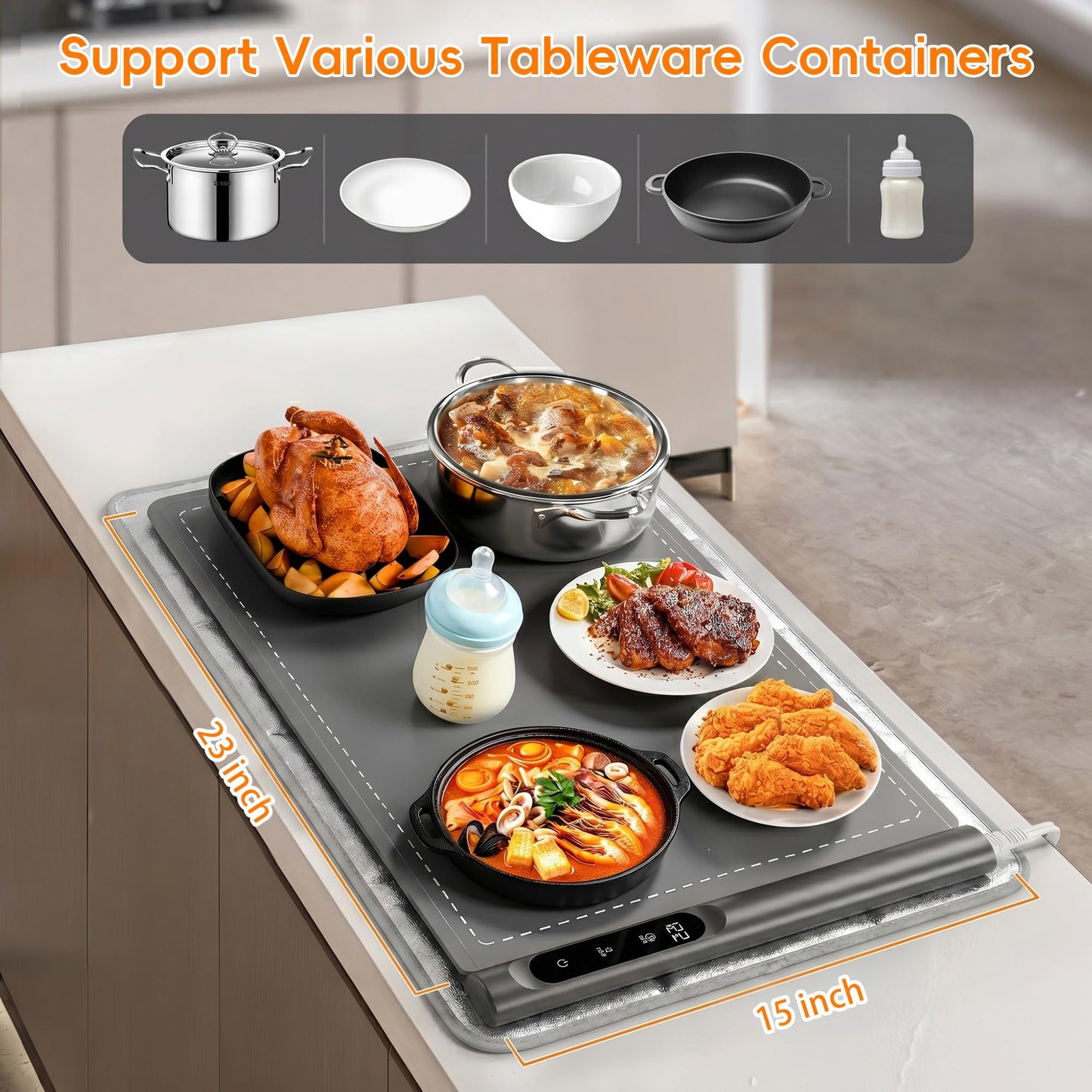 Newise Warming Mat for Food - Graphene Rapid Heating Food Warmers for Countertop, Portable Electric Warming Tray with 6 Temperature Levels, Kitchen Practical Gifts for Mom Wife, Gray