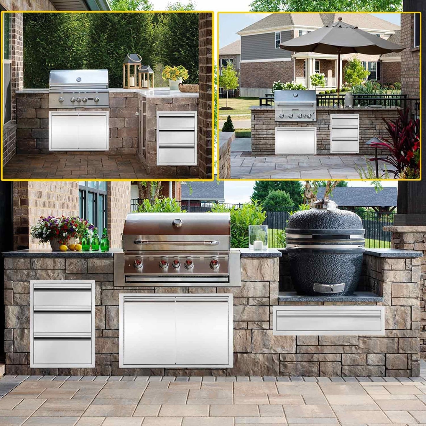 Outdoor Kitchen Drawers, 18" W x 24" H x 23" D Outdoor Kitchen Drawers Stainless Steel, Flush Mount Access 3 Drawer for Outdoor Kitchen Island