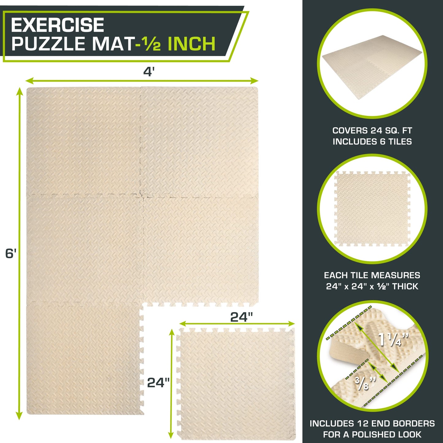 ProsourceFit Exercise Puzzle Mat ½-inch, EVA Interlocking Foam Floor Tiles for Home Gym, Workout Equipment, Kids Play Areas, Cream, 24 Sq Ft - 6 Tiles