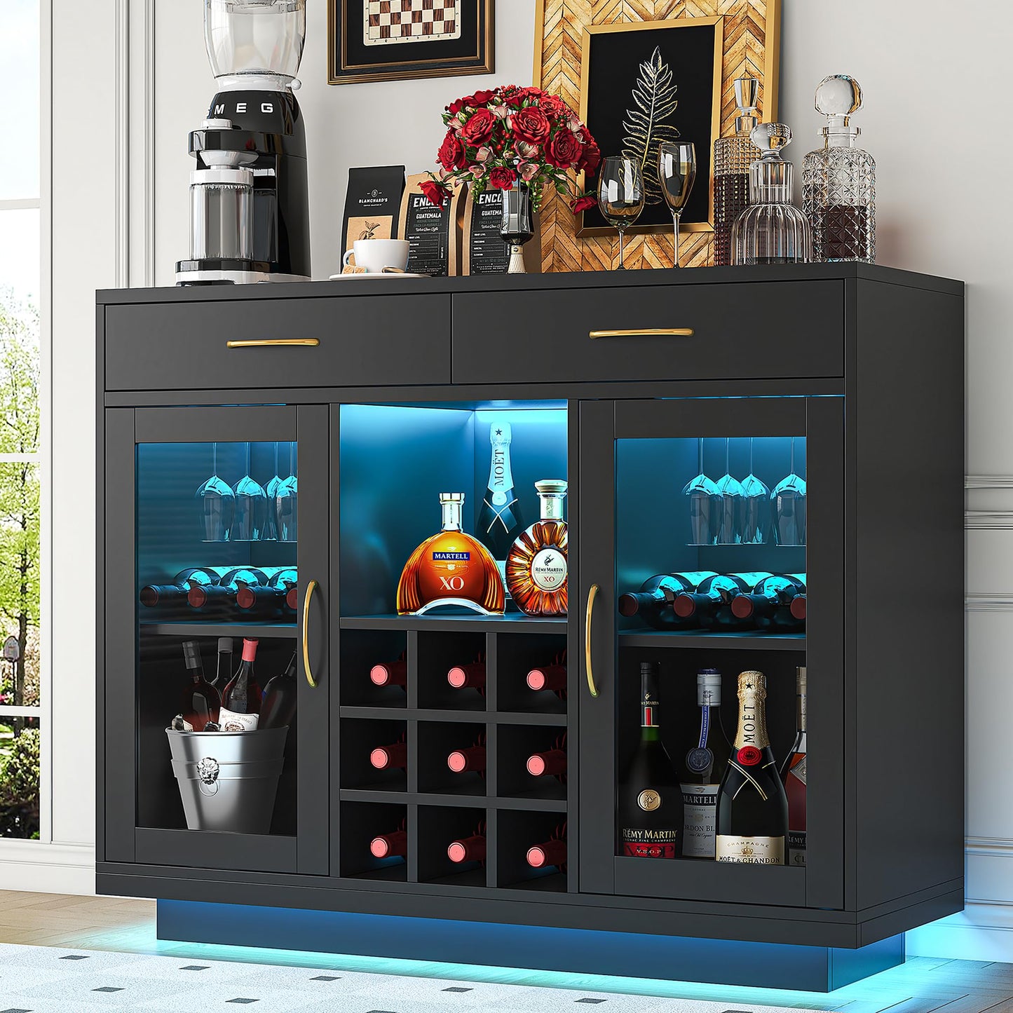 knoworld Wine Bar Cabinet with LED Lights, Coffee Bar Cabinet with Wine and Glass Rack, Black Bar Cabinet Liquor Cabinet, Kitchen Buffet Sideboard with Storage for Living Room, Dining Room