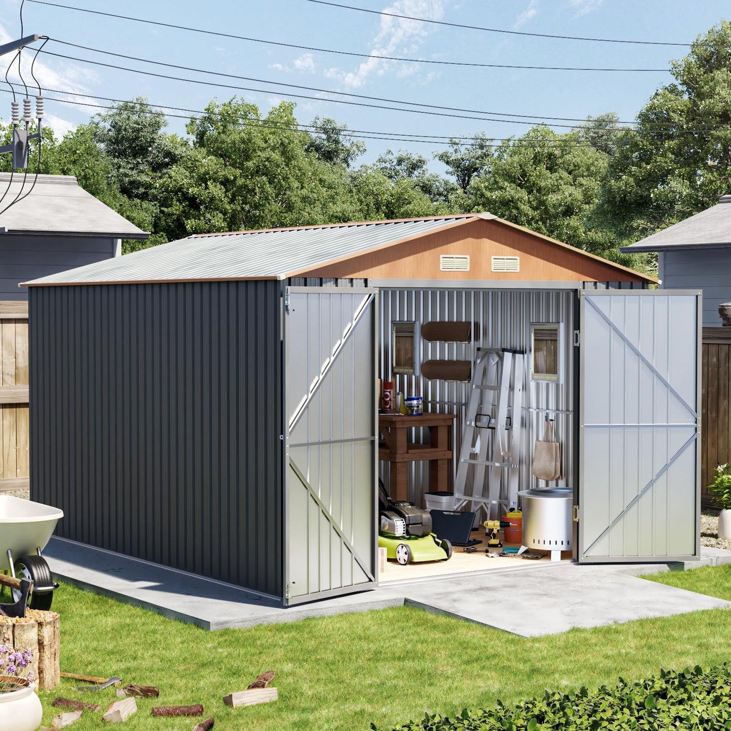 10x12x7.4FT Multi-Used Shed & Outdoor Storage Shed with Lockable Doors, Windows and Vents, Extra Large Metal Tool Shed for Garden, Backyard, Patio, Utility, and Various Storage Shed(Matte Gray)